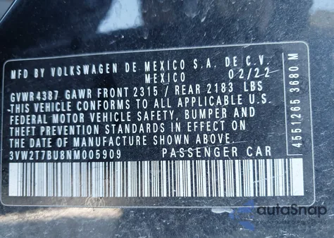 2022 Volkswagen Jetta Gli 2.0T Autobahn из США, поврежденный, VIN 3VW2T7BU8NM005909